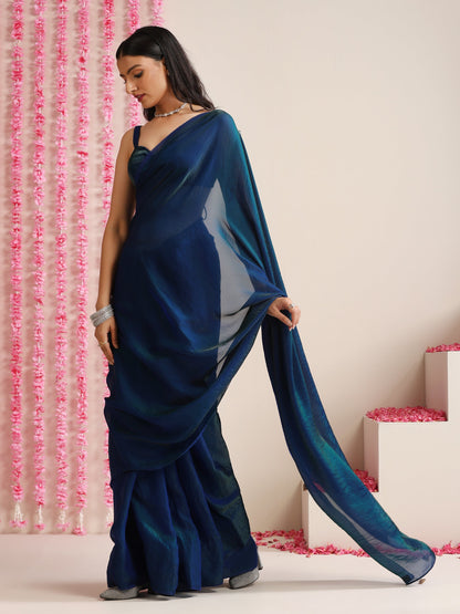 Dhiyona ST Peacock Dual Shade Dark Blue Metallic Satin Saree with Tassels & Matching Blouse Fabric