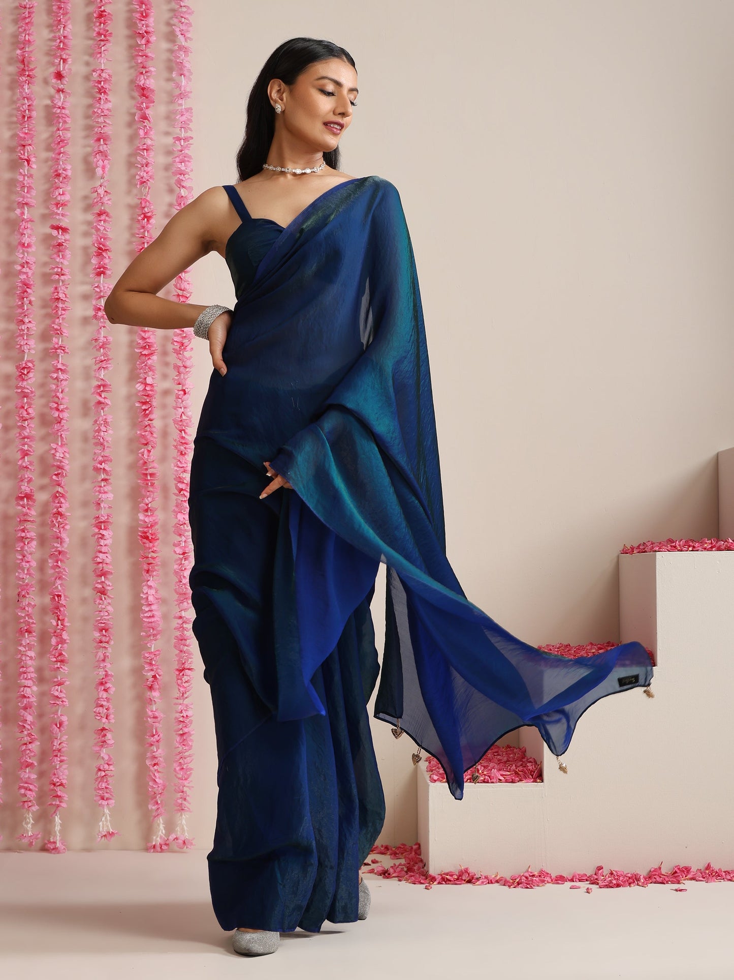 Dhiyona ST Peacock Dual Shade Dark Blue Metallic Satin Saree with Tassels & Matching Blouse Fabric