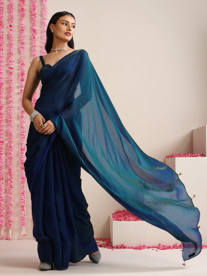 Dhiyona ST Peacock Dual Shade Dark Blue Metallic Satin Saree with Tassels & Matching Blouse Fabric