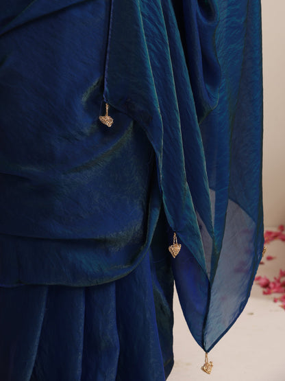 Dhiyona ST Peacock Dual Shade Dark Blue Metallic Satin Saree with Tassels & Matching Blouse Fabric