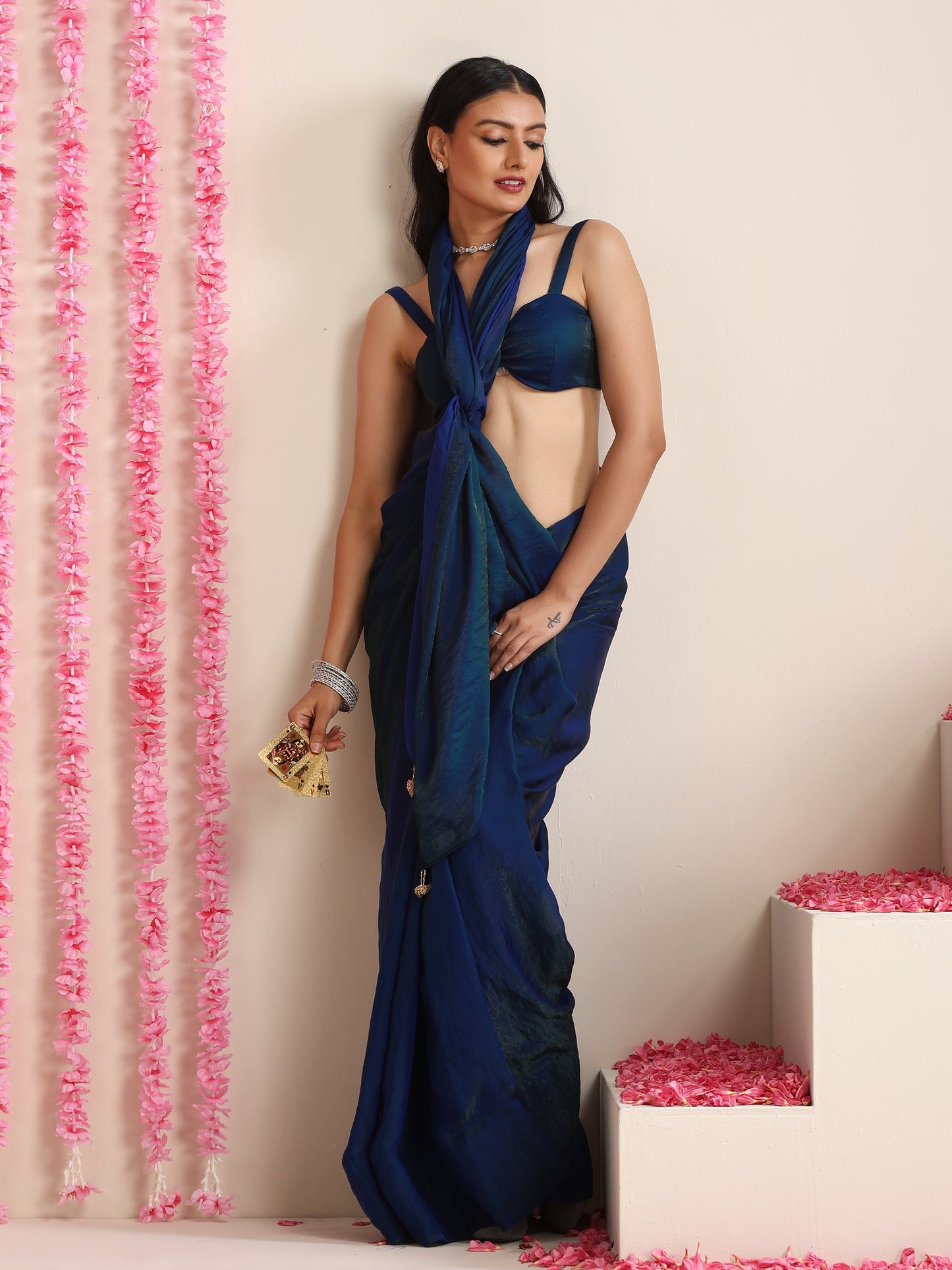 Dhiyona ST Peacock Dual Shade Dark Blue Metallic Satin Saree with Tassels & Matching Blouse Fabric