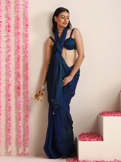 Dhiyona ST Peacock Dual Shade Dark Blue Metallic Satin Saree with Tassels & Matching Blouse Fabric