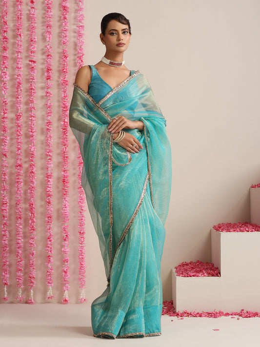 Dhiyona ST Sky Magic Metallic Chiffon Blue Saree with Lace Edge
