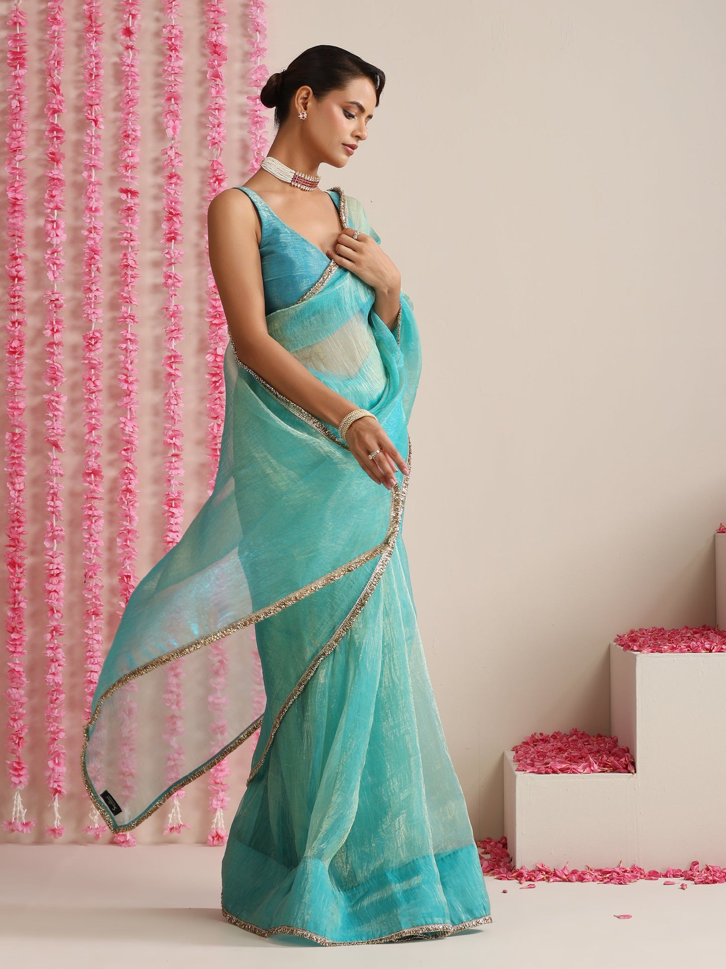 Dhiyona ST Sky Magic Metallic Chiffon Blue Saree with Lace Edge