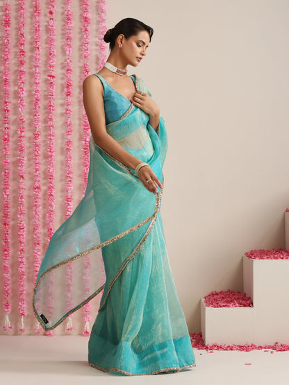 Dhiyona ST Sky Magic Metallic Chiffon Blue Saree with Lace Edge