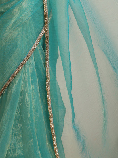Dhiyona ST Sky Magic Metallic Chiffon Blue Saree with Lace Edge