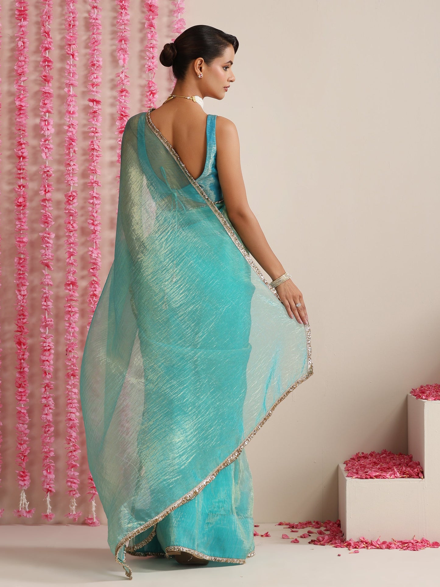 Dhiyona ST Sky Magic Metallic Chiffon Blue Saree with Lace Edge