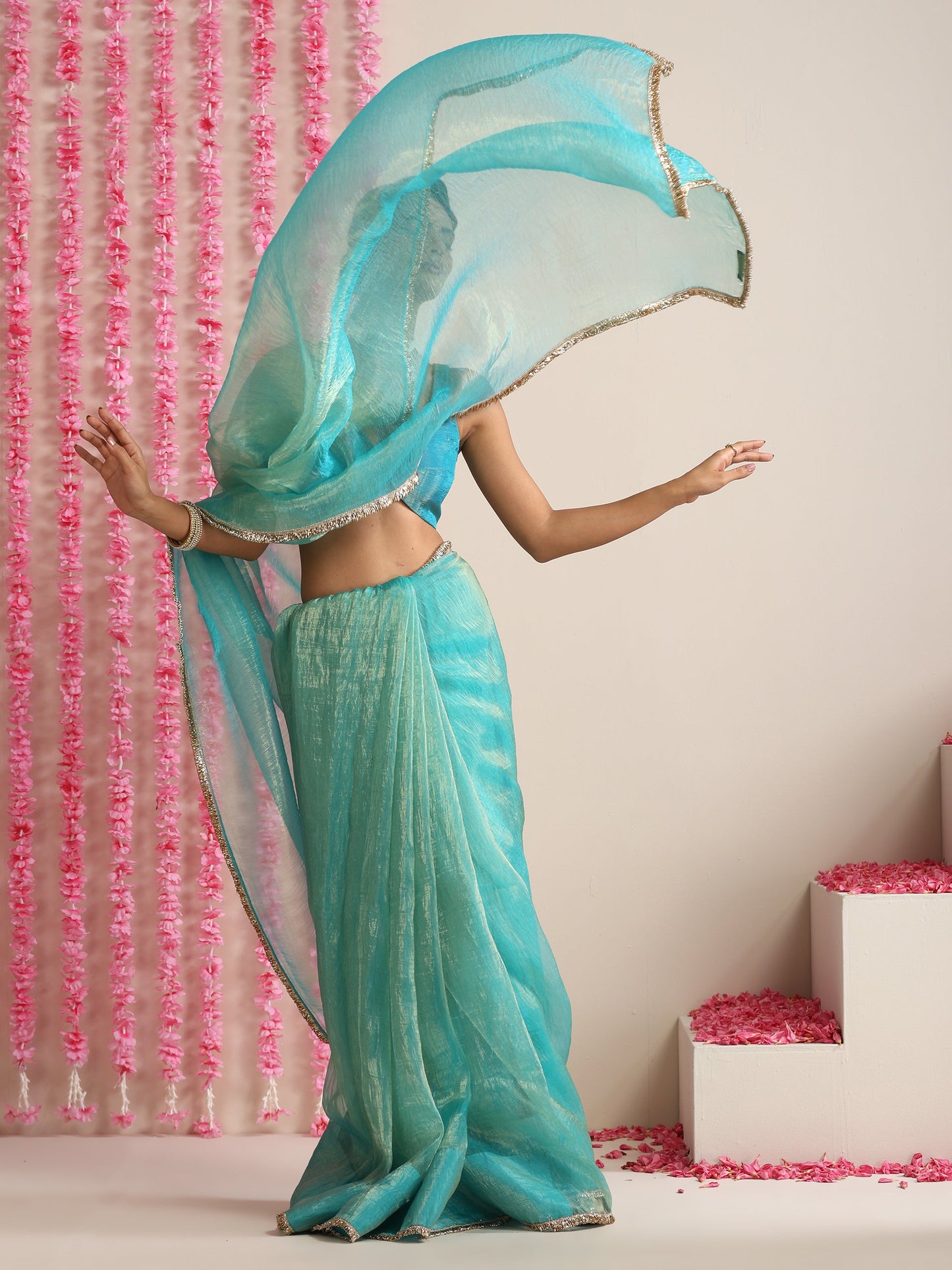 Dhiyona ST Sky Magic Metallic Chiffon Blue Saree with Lace Edge