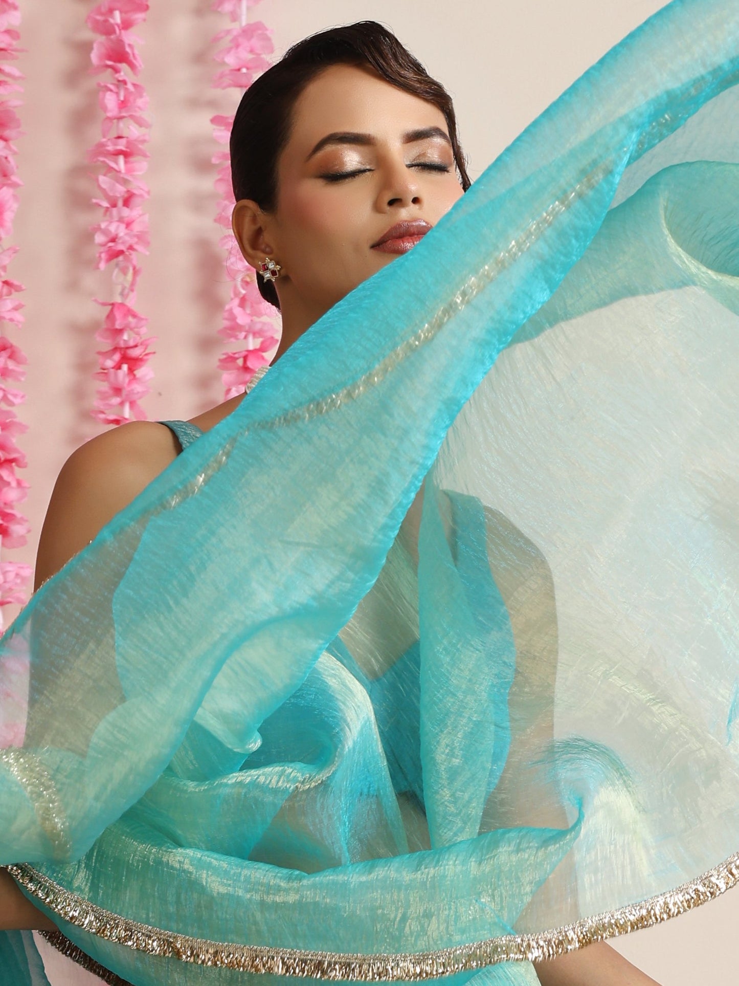 Dhiyona ST Sky Magic Metallic Chiffon Blue Saree with Lace Edge