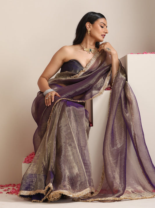 Dhiyona ST Purple Magic Saree – Metallic Chiffon with Lace Edge & Matching Blouse Fabric