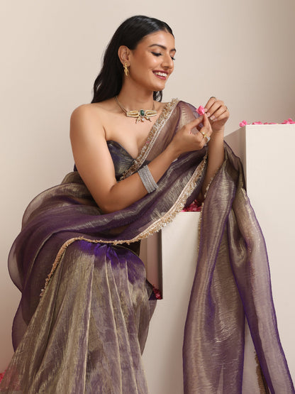 Dhiyona ST Purple Magic Saree – Metallic Chiffon with Lace Edge & Matching Blouse Fabric