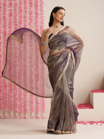 Dhiyona ST Purple Magic Saree – Metallic Chiffon with Lace Edge & Matching Blouse Fabric