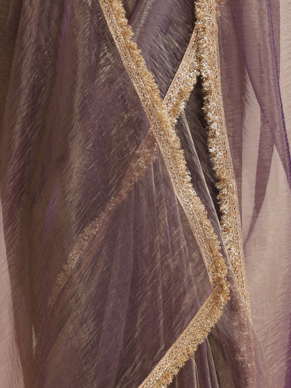 Dhiyona ST Purple Magic Saree – Metallic Chiffon with Lace Edge & Matching Blouse Fabric