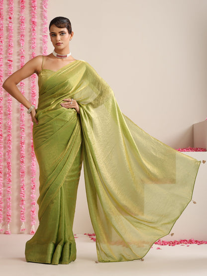 Dhiyona ST Mehndi Muse Saree – Metallic Satin Drape with Pendant Tassels & Self Blouse Fabric