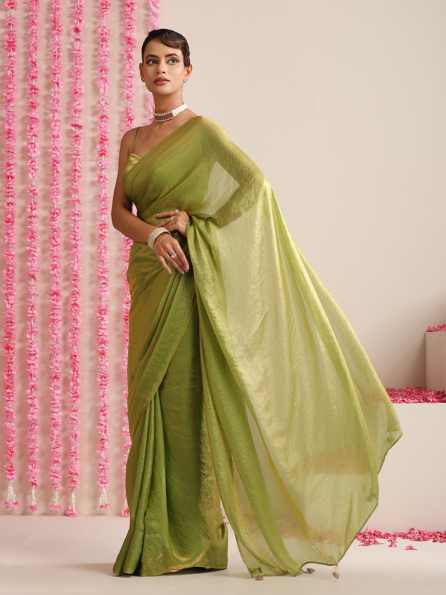 Dhiyona ST Mehndi Muse Saree – Metallic Satin Drape with Pendant Tassels & Self Blouse Fabric