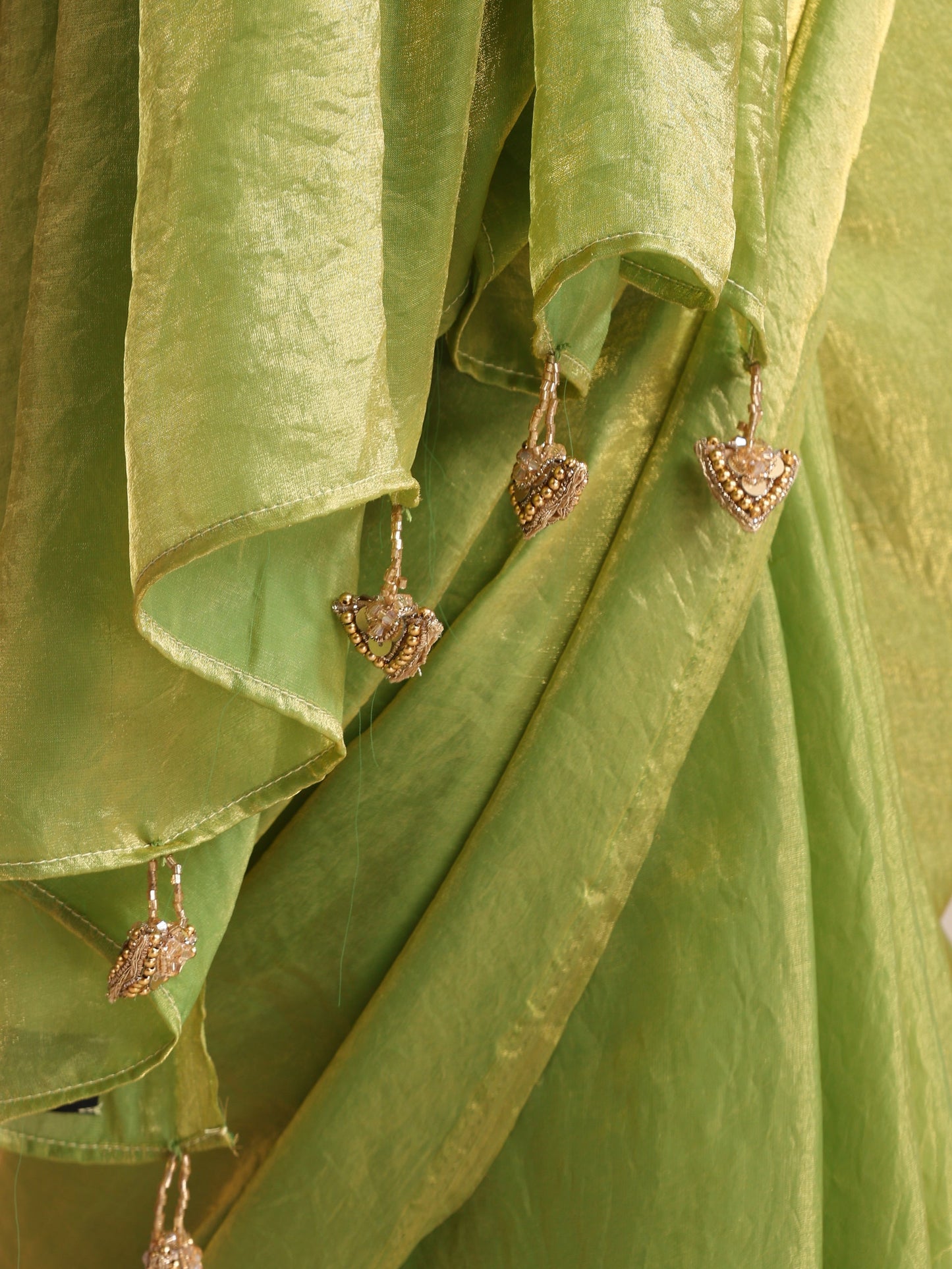Dhiyona ST Mehndi Muse Saree – Metallic Satin Drape with Pendant Tassels & Self Blouse Fabric