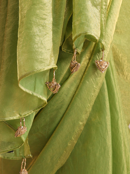 Dhiyona ST Mehndi Muse Saree – Metallic Satin Drape with Pendant Tassels & Self Blouse Fabric