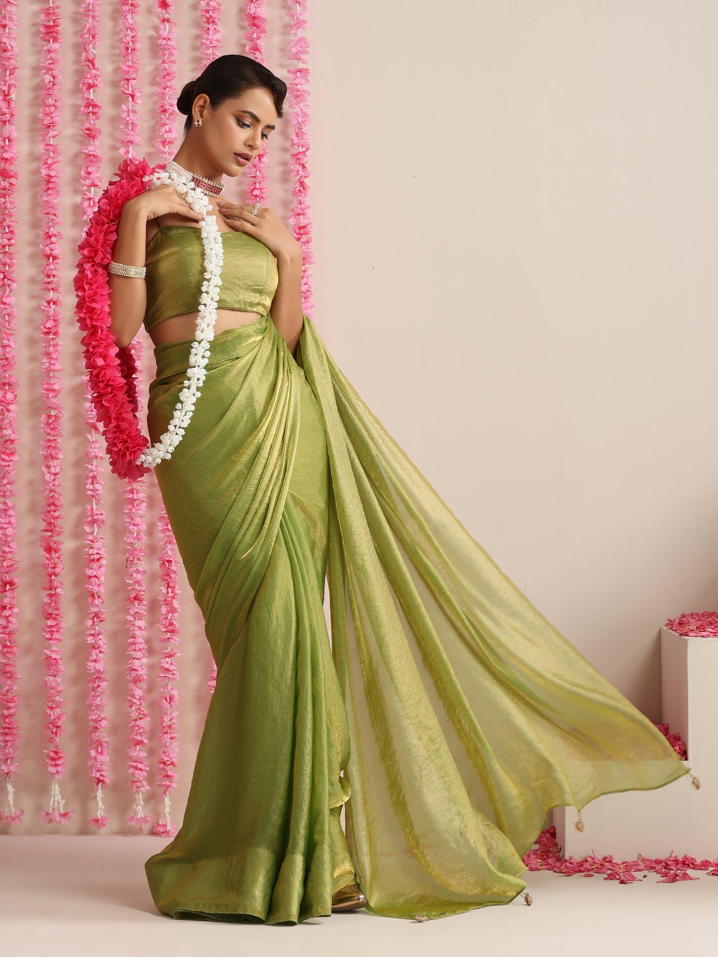 Dhiyona ST Mehndi Muse Saree – Metallic Satin Drape with Pendant Tassels & Self Blouse Fabric