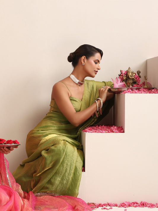 Dhiyona ST Mehndi Muse Saree – Metallic Satin Drape with Pendant Tassels & Self Blouse Fabric