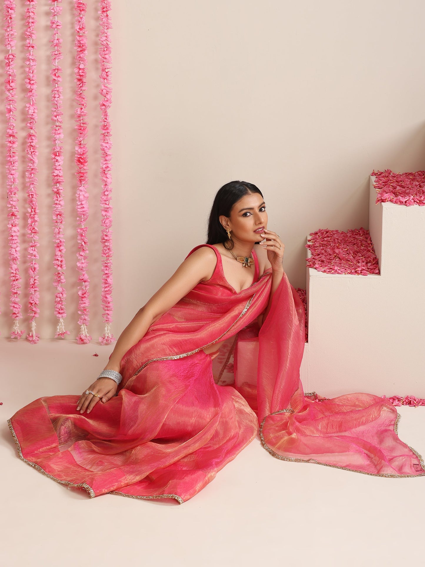 Dhiyona ST Pink Magic Saree – Metallic Chiffon Drape with Lace Border & Blouse Fabric