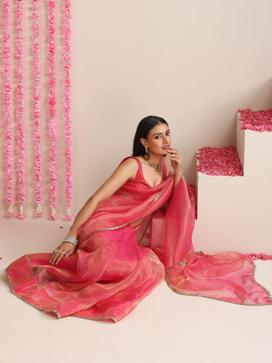 Dhiyona ST Pink Magic Saree – Metallic Chiffon Drape with Lace Border & Blouse Fabric