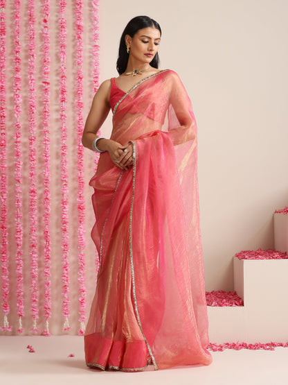 Dhiyona ST Pink Magic Saree – Metallic Chiffon Drape with Lace Border & Blouse Fabric