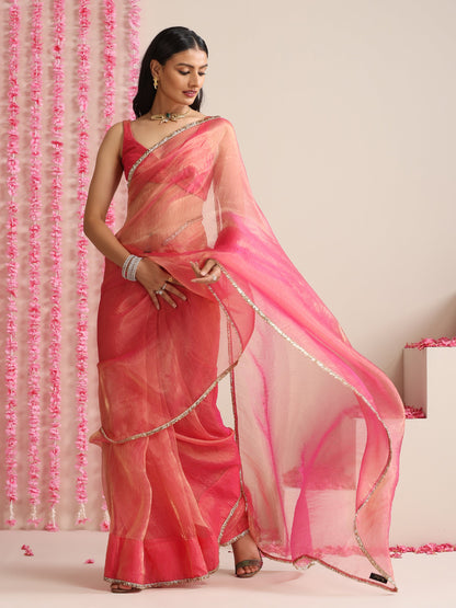 Dhiyona ST Pink Magic Saree – Metallic Chiffon Drape with Lace Border & Blouse Fabric