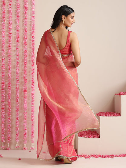 Dhiyona ST Pink Magic Saree – Metallic Chiffon Drape with Lace Border & Blouse Fabric