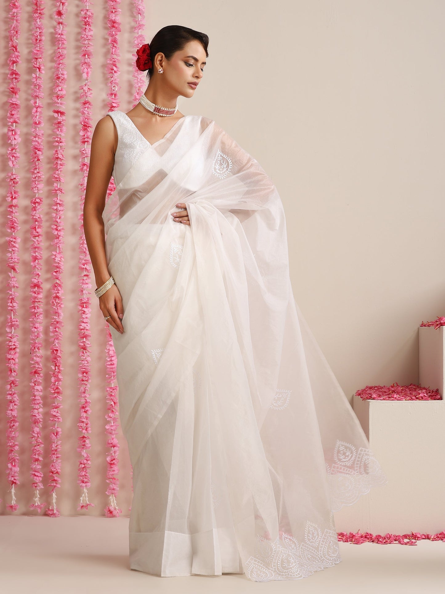 Dhiyona ST Sleek White Organza Embroidered Saree with Matching Embroidered Blouse Fabric