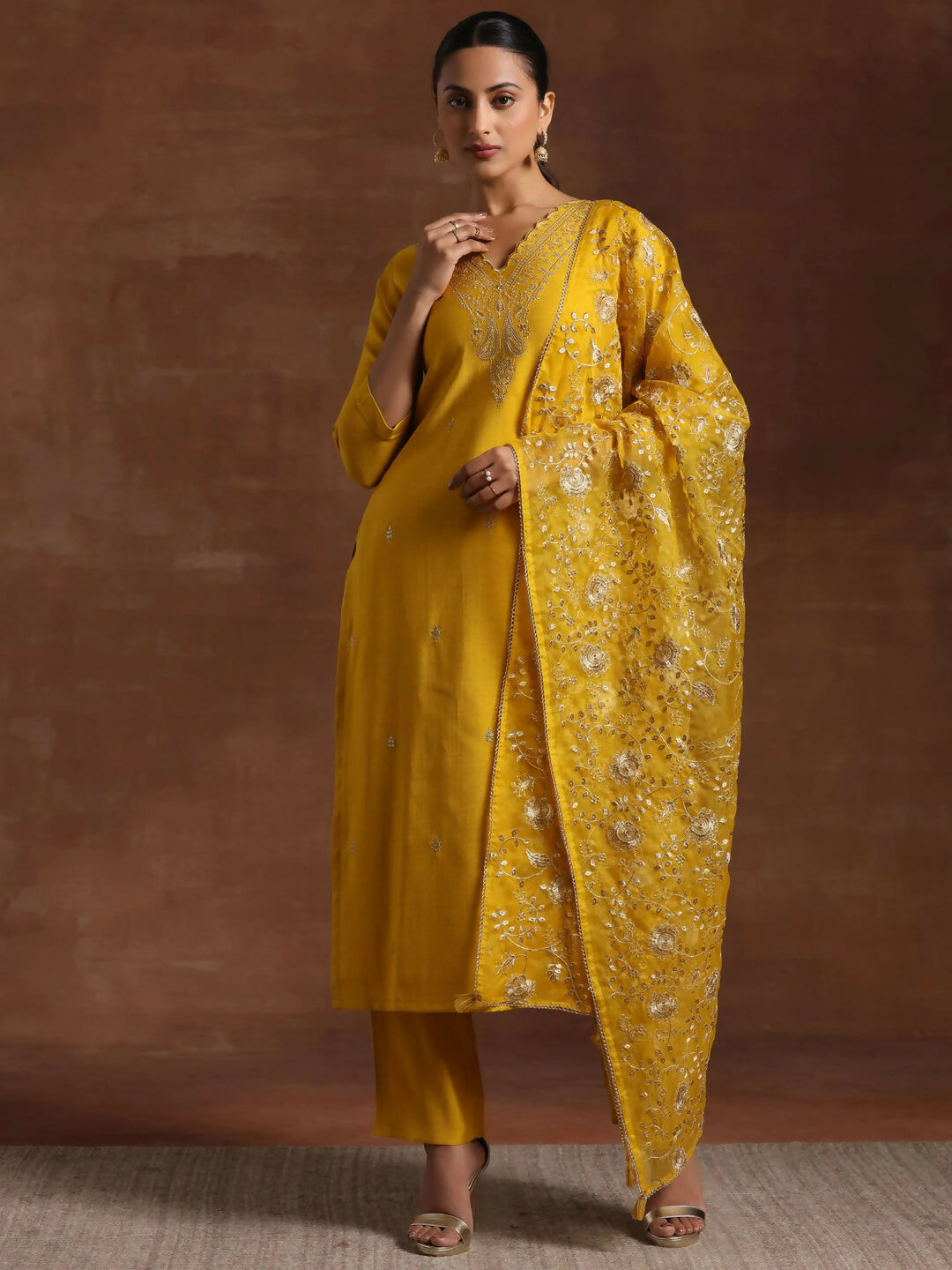 Women's LB Mustard Embroidered Silk Blend Straight Suit With Dupatta