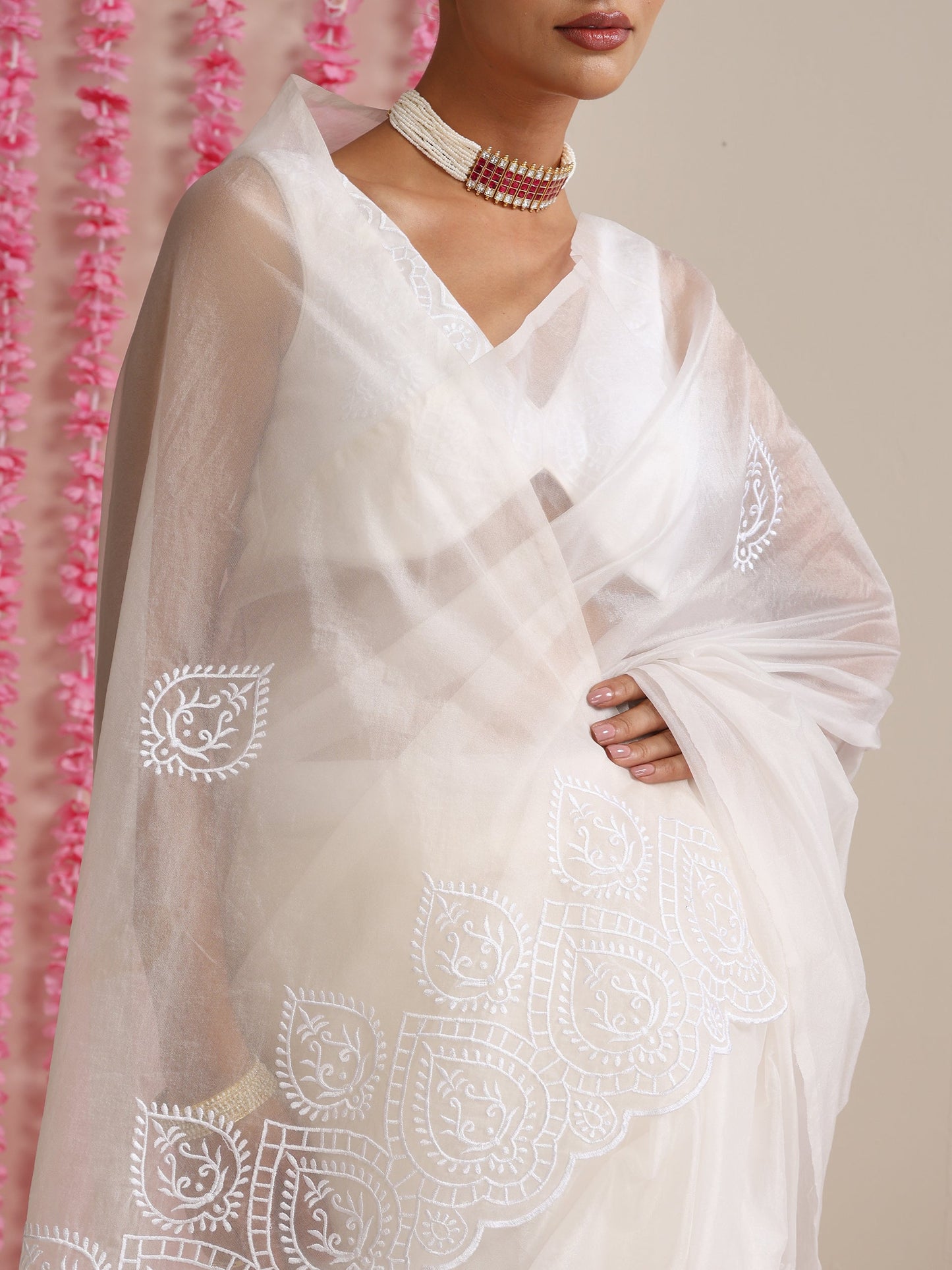 Dhiyona ST Sleek White Organza Embroidered Saree with Matching Embroidered Blouse Fabric