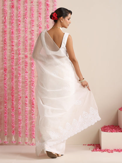 Dhiyona ST Sleek White Organza Embroidered Saree with Matching Embroidered Blouse Fabric