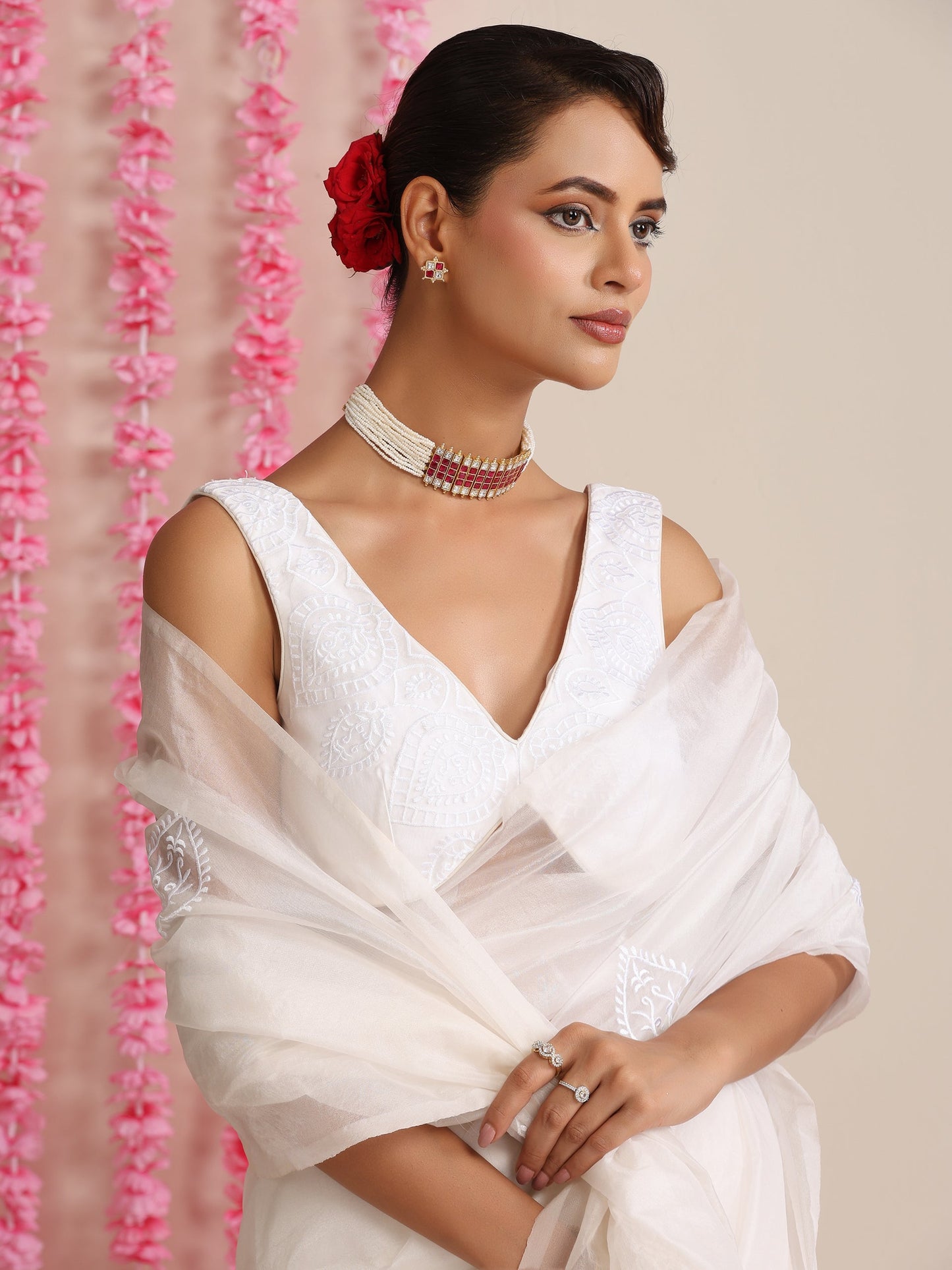 Dhiyona ST Sleek White Organza Embroidered Saree with Matching Embroidered Blouse Fabric