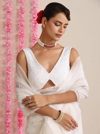 Dhiyona ST Sleek White Organza Embroidered Saree with Matching Embroidered Blouse Fabric