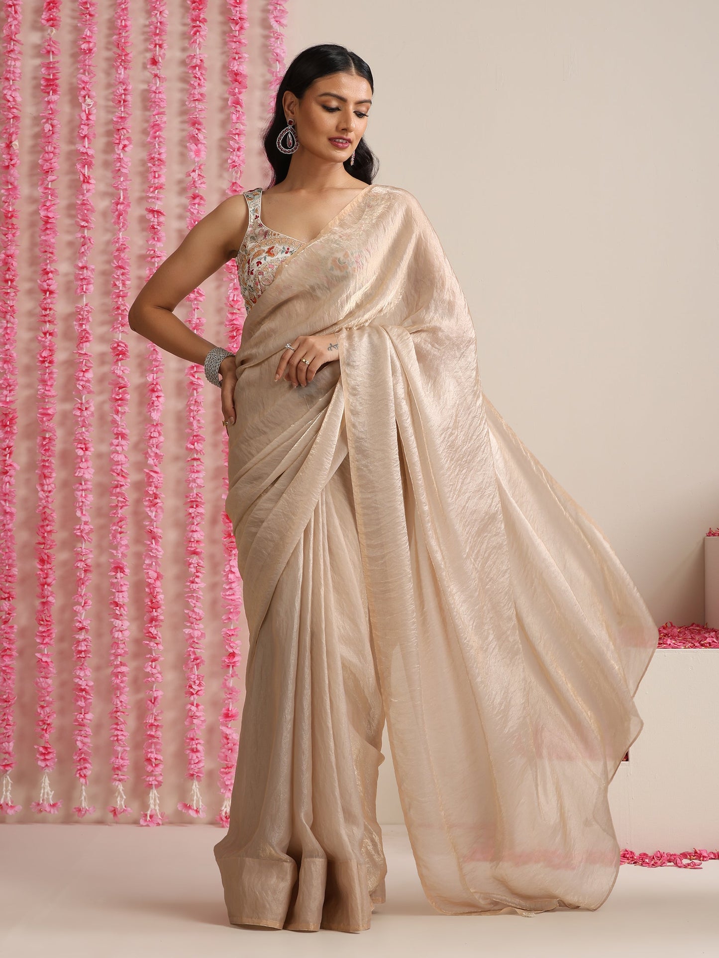 Dhiyona ST Champagne Dual Shade Metallic Satin Saree with Pendants and Self Blouse Fabric