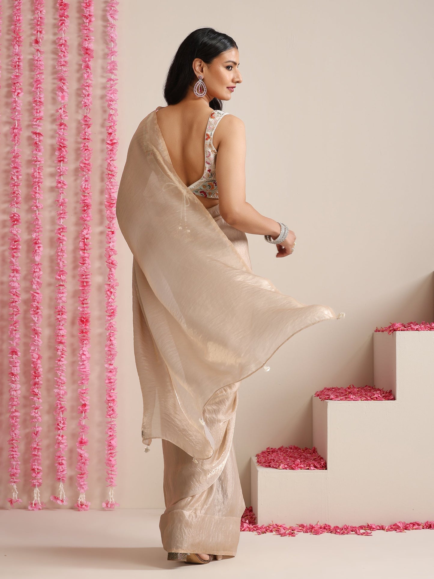 Dhiyona ST Champagne Dual Shade Metallic Satin Saree with Pendants and Self Blouse Fabric