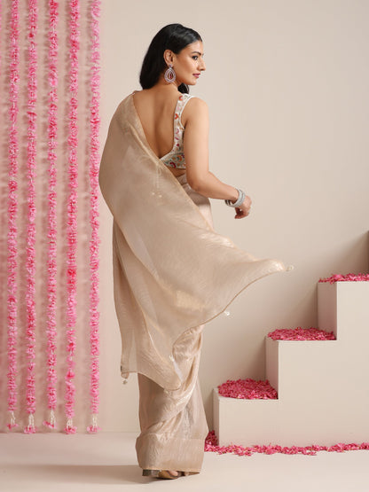 Dhiyona ST Champagne Dual Shade Metallic Satin Saree with Pendants and Self Blouse Fabric