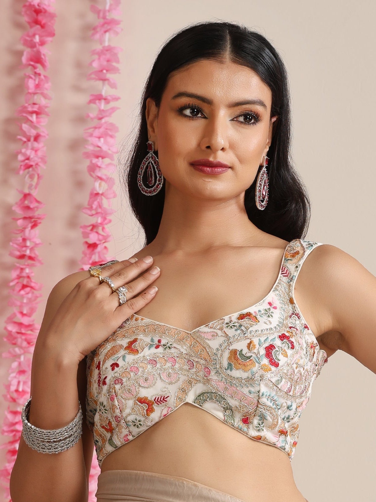 Dhiyona ST Cream Multicolor Embroidered Sweetheart Blouse – Silk Blend | Festive Wear