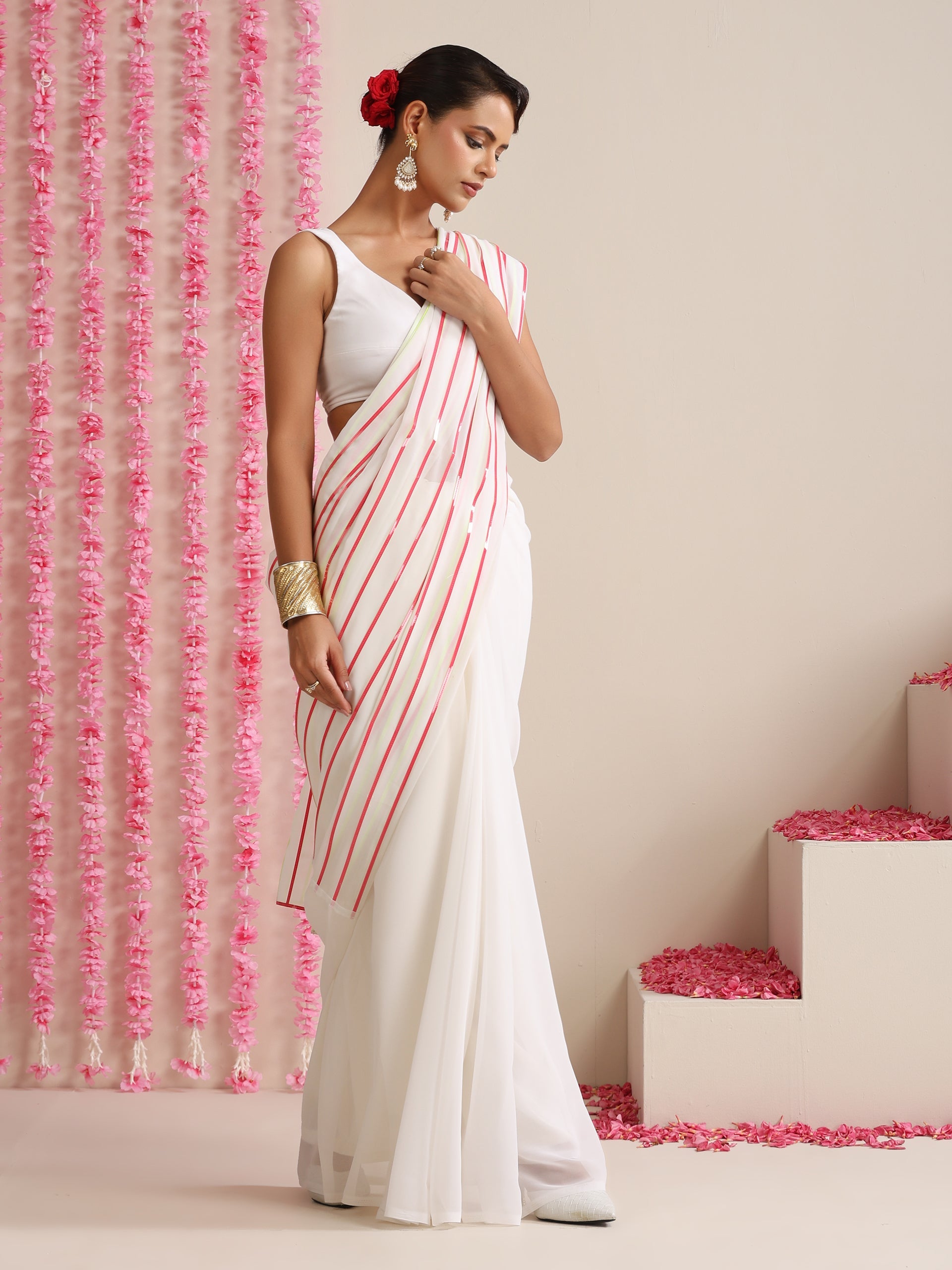 Dhiyona ST White and Dual Neon Green Pink Impression Georgette Saree with Blouse Fabric