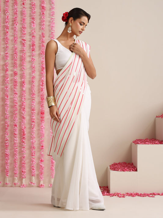 Dhiyona ST White and Dual Neon Green Pink Impression Georgette Saree with Blouse Fabric