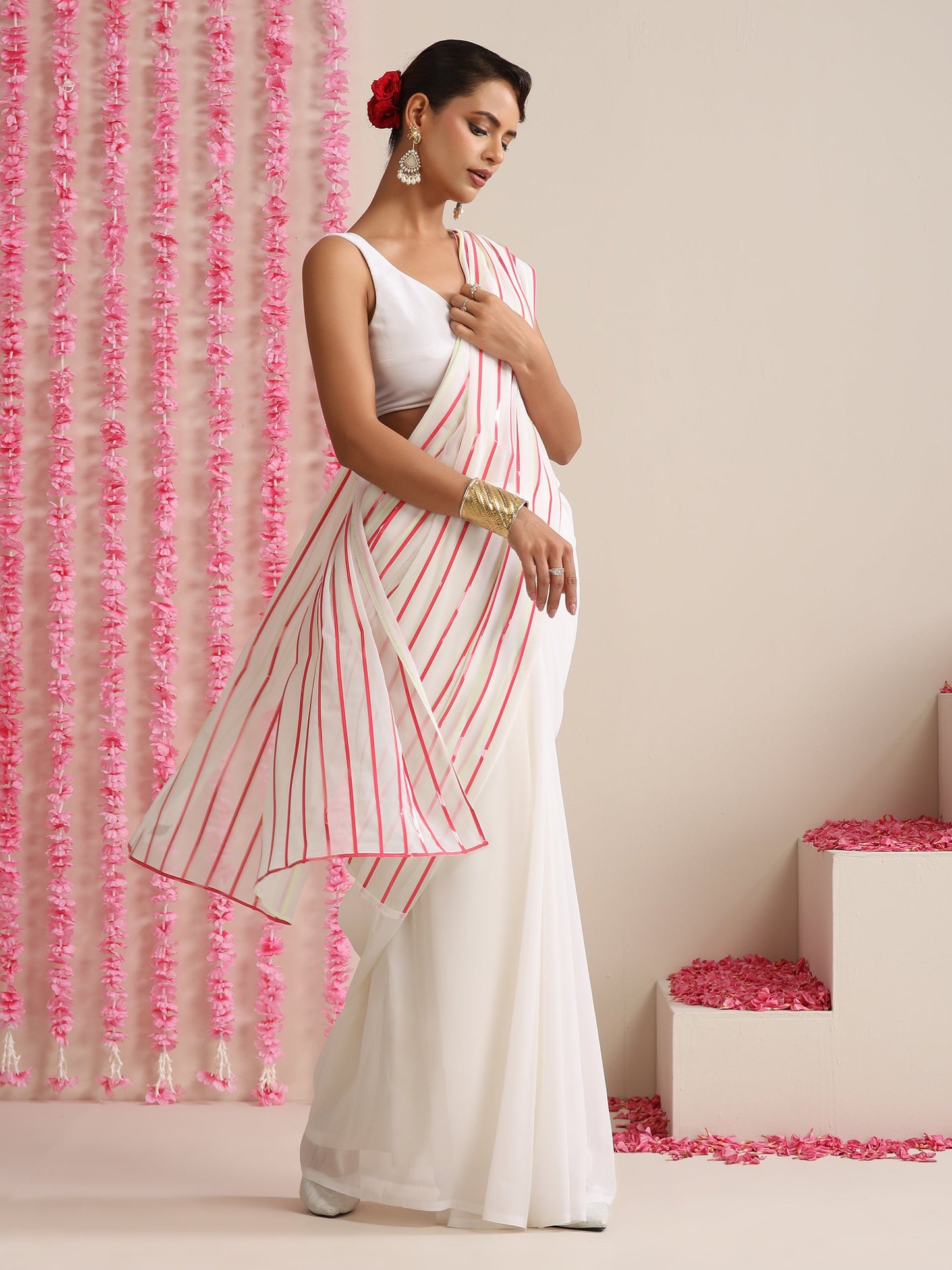 Dhiyona ST White and Dual Neon Green Pink Impression Georgette Saree with Blouse Fabric