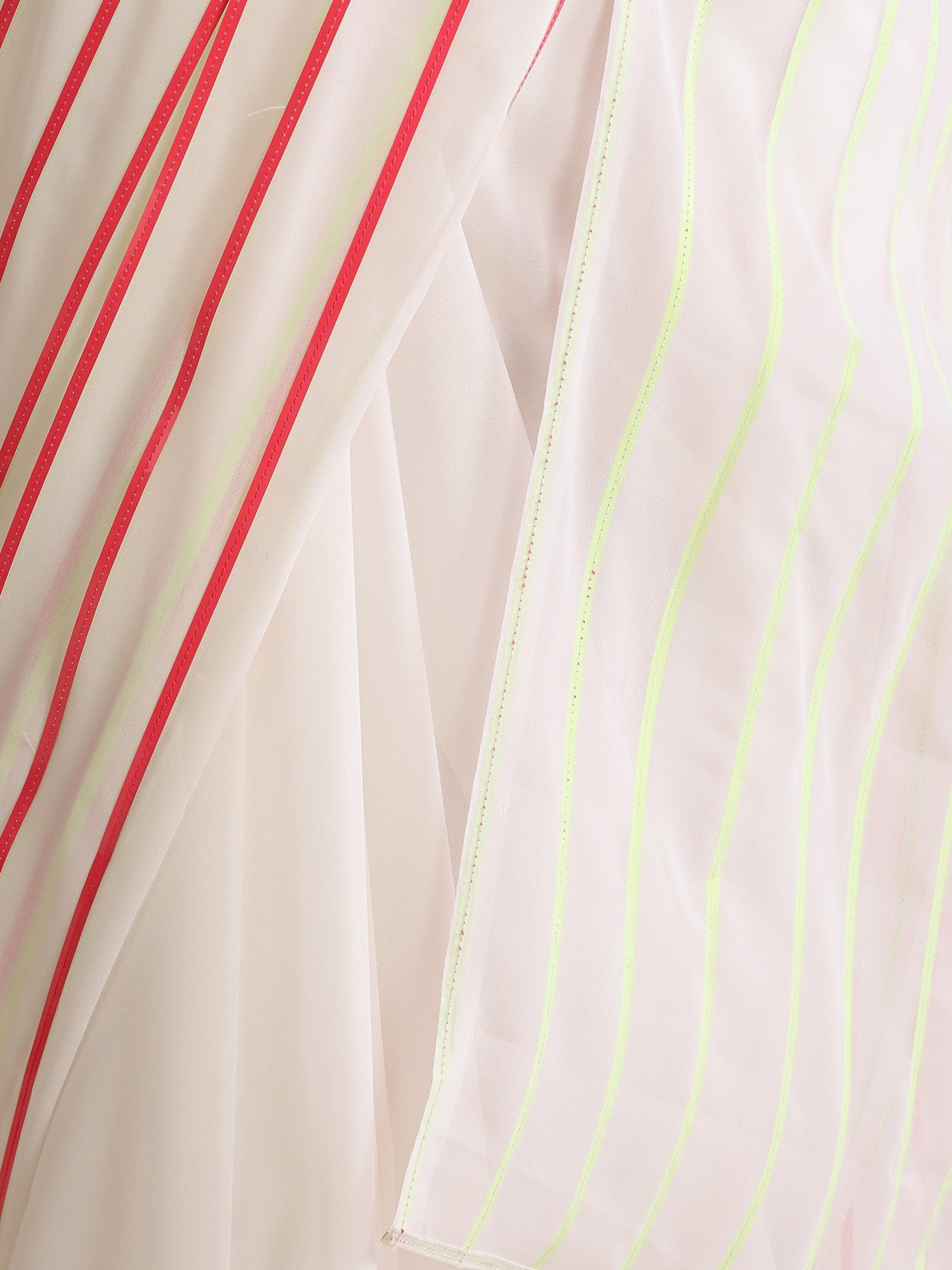 Dhiyona ST White and Dual Neon Green Pink Impression Georgette Saree with Blouse Fabric