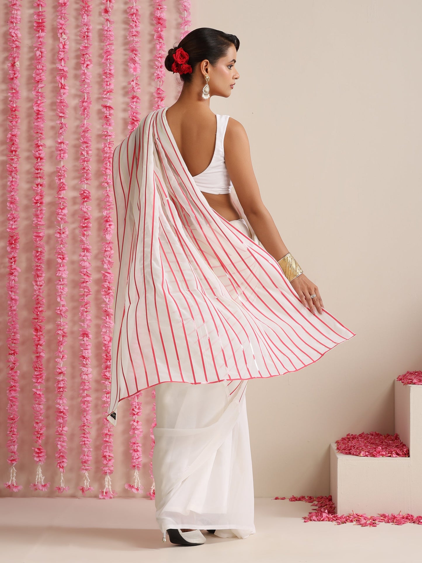 Dhiyona ST White and Dual Neon Green Pink Impression Georgette Saree with Blouse Fabric