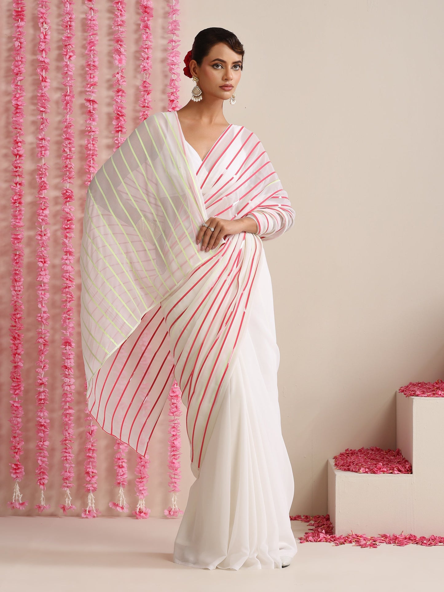 Dhiyona ST White and Dual Neon Green Pink Impression Georgette Saree with Blouse Fabric
