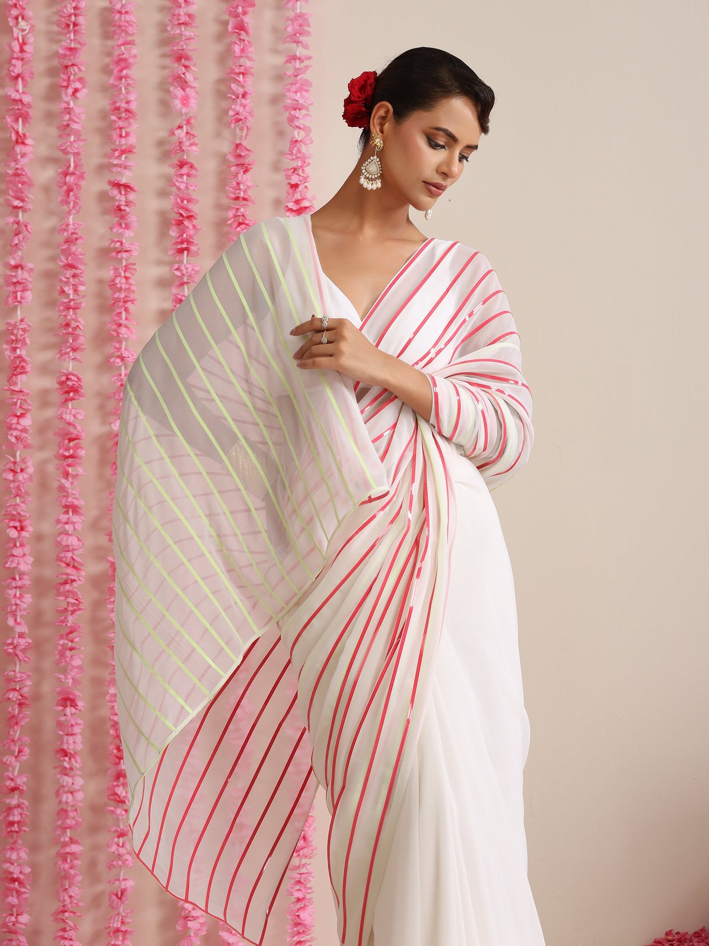 Dhiyona ST White and Dual Neon Green Pink Impression Georgette Saree with Blouse Fabric