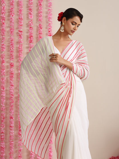 Dhiyona ST White and Dual Neon Green Pink Impression Georgette Saree with Blouse Fabric