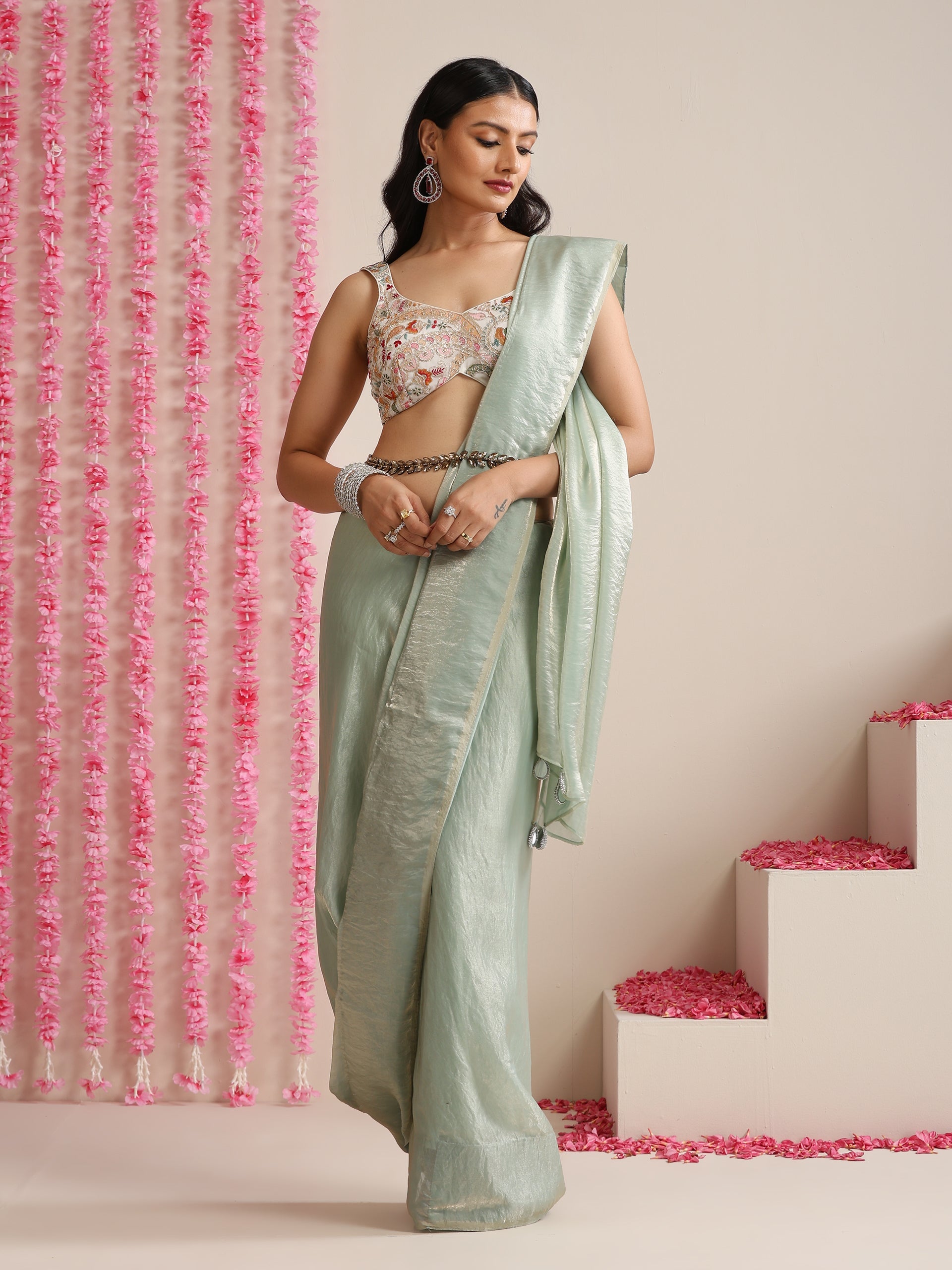 Dhiyona ST Light Blue Dual Shade Metallic Satin Saree with Pendants and Self Blouse fabric