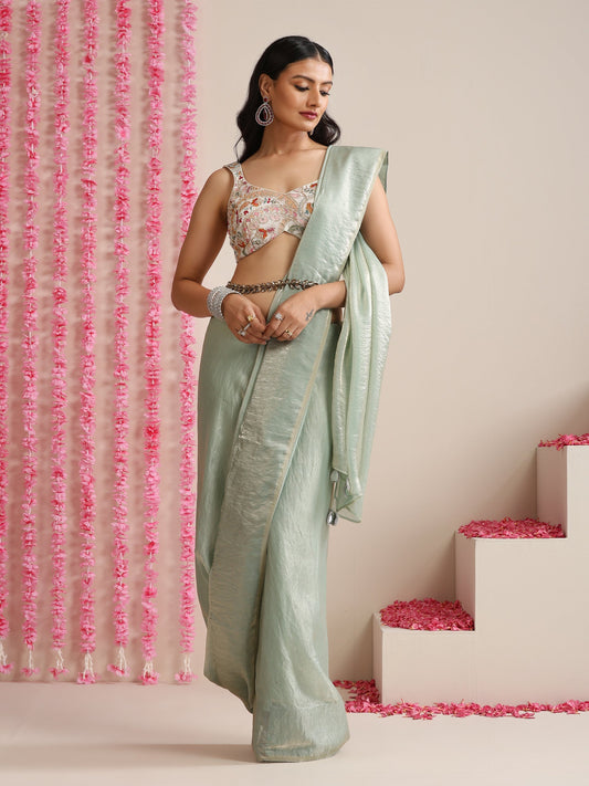 Dhiyona ST Light Blue Dual Shade Metallic Satin Saree with Pendants and Self Blouse fabric