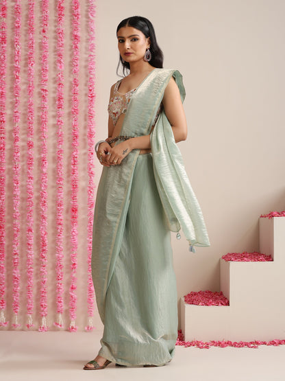 Dhiyona ST Light Blue Dual Shade Metallic Satin Saree with Pendants and Self Blouse fabric
