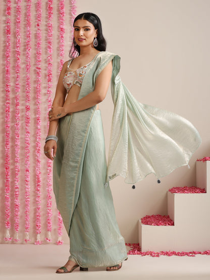 Dhiyona ST Light Blue Dual Shade Metallic Satin Saree with Pendants and Self Blouse fabric
